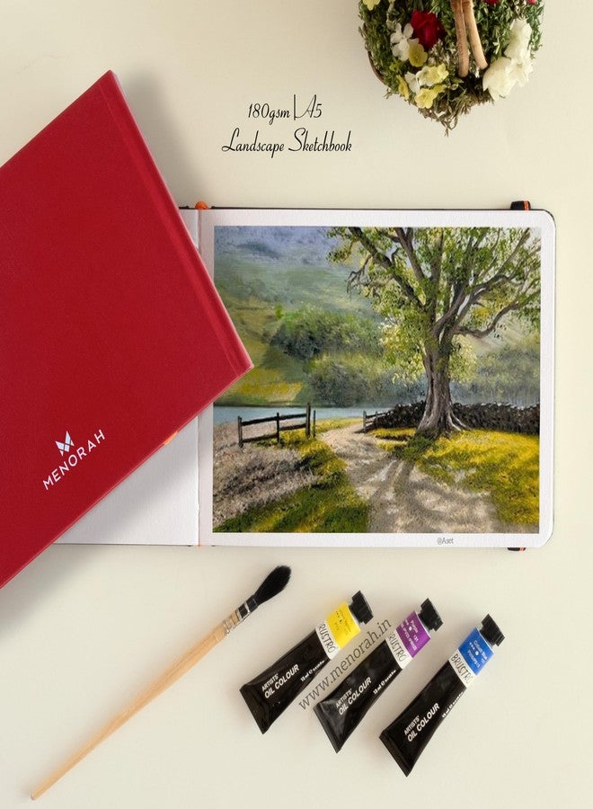 MENORAH دفتر رسم مينورا A5 - دفتر رسم فني - 180 غرام/متر مربع - غلاف مقوى، دفتر رسم - 100 صفحة/50 ورقة (مقاس 14.8 سم × 21.0 سم) - مصنوع يدويًا بالكامل - دفتر رسم - منظر طبيعي (أحمر، ألوان مائية) - Image 5